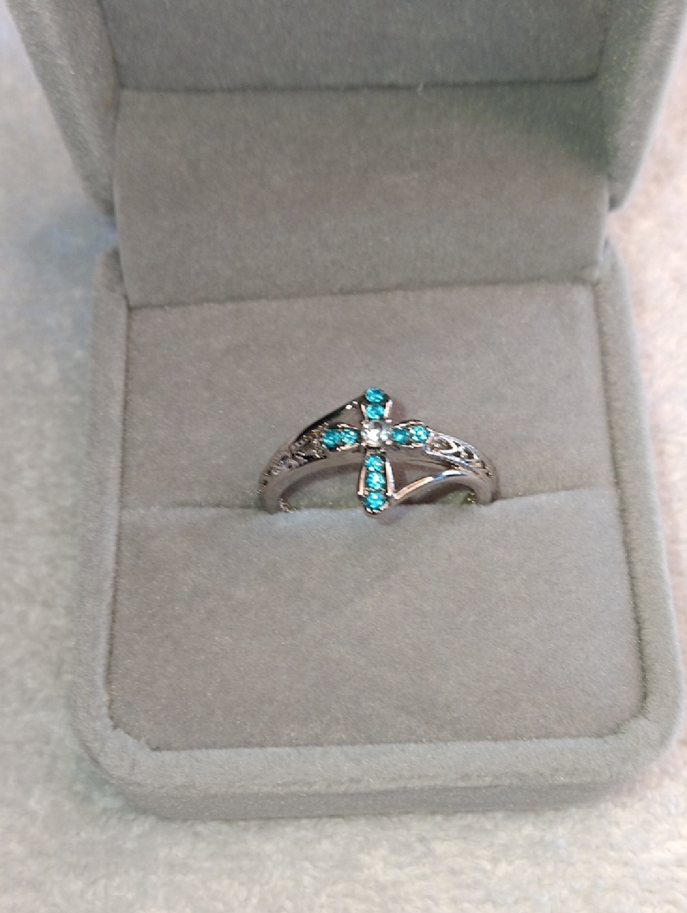 Silver Cross Ring with Blue Topaz Stones - Size 9 NWOT